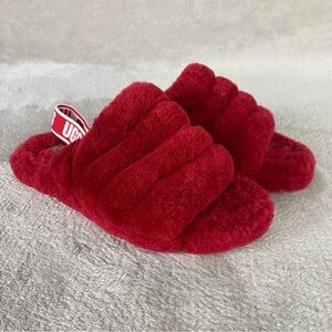 UGG Fluff Yeah Slide Slippers Girls 5 Woman 6 Scarlett Red Sheepskin Slingback